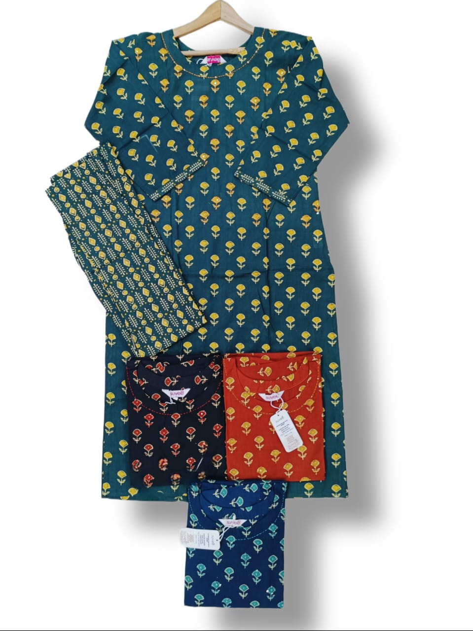 PRINTED COTTON HANDWORK KURTI PANT SET WITH POCKET